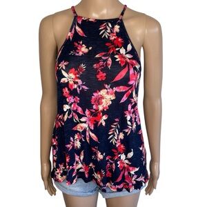 Aeropostale Blue & Pink Floral High Neck Racerback Sleeveless Boho Tank Top